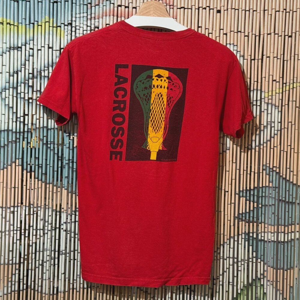 GILDAN ChalkTalkSPORTS Lacrosse Cotton T-Shirt, Red with Rastafarian Colors, S